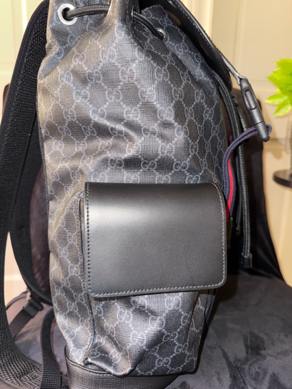 Gucci Black GG Supreme Backpack with Red and Blue Web Stripes - Picture 9 of 12